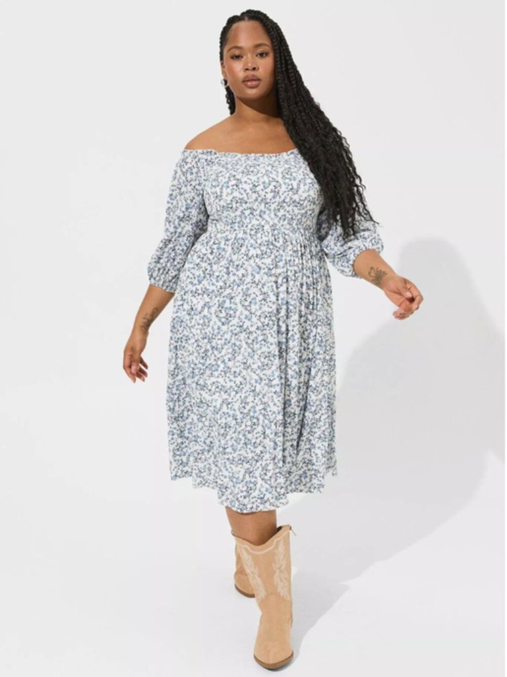 Torrid White blue floral smocked puff sleeve feminine milkmaid midi dress 2X